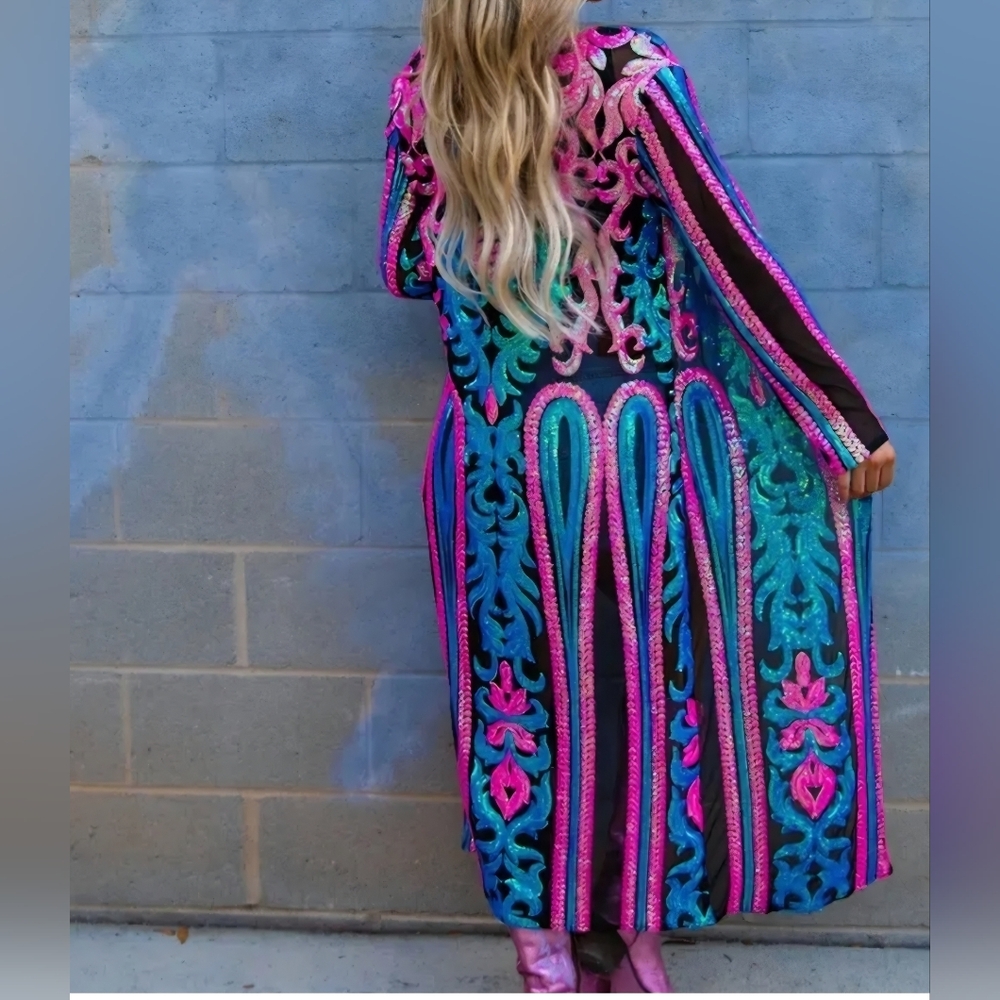 Southern Fried Chics Sequin Duster With Blue and Pink Accents